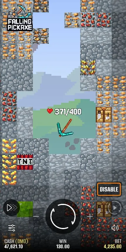 Manche de Falling Pickaxe en cours avec la pioche qui traverse une couche de blocs