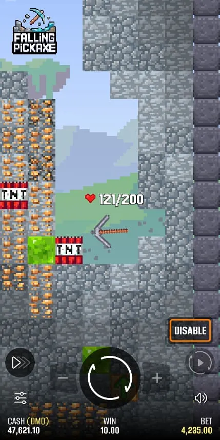 Deux blocs de TNT et un bloc de slime en début de manche sur Falling Pickaxe, durabilité 121/200